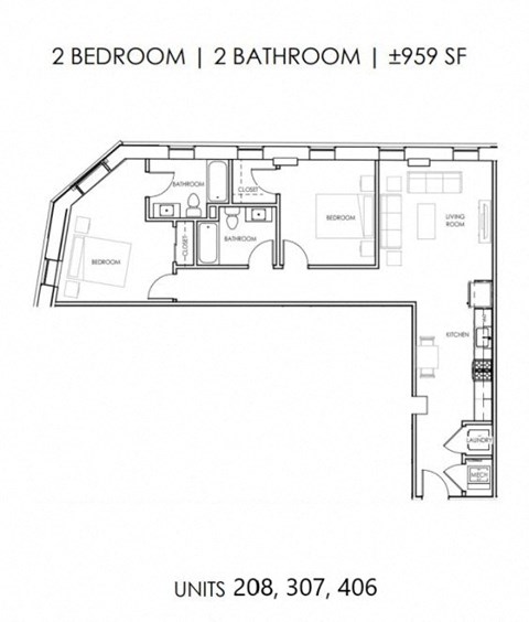 Floor plan for 2 beds, 2 baths, 959 sqft